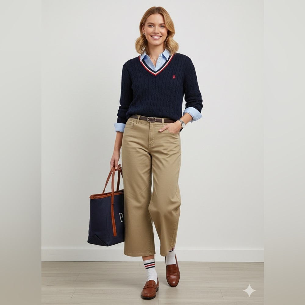 E·Land High Waisted Wide Leg Khaki Pants Beige Size 6